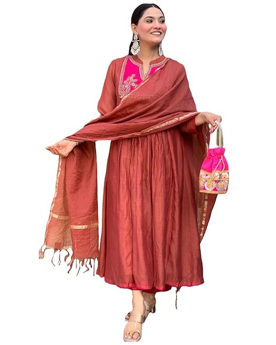 GoSriKi Women’s Rayon Viscose Embroidered Anarkali Kurta with Pant & Dupatta