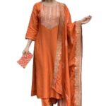 Nermosa Women Embroidery Silk Straight Kurta and Pant Set with Dupatta