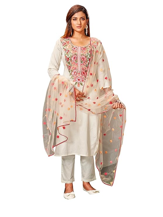 Womanista Women's Floral Embroidered Cotton Blend Kurta Trouser With Dupatta Set (Kurtaset_1120)