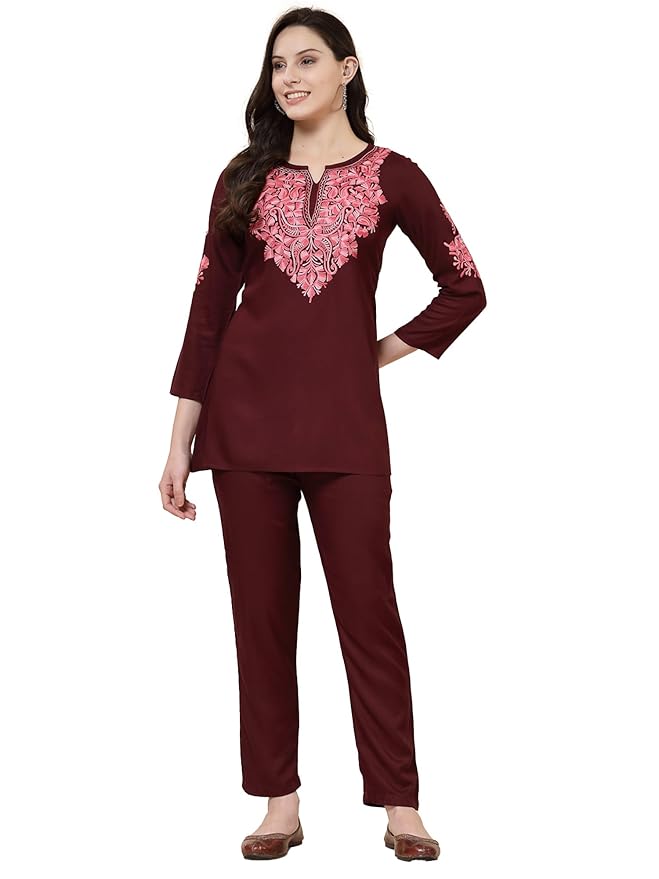 QAZMI Women's Ayesha Kashmiri Embroidered Co-Ords Set | Ethnic Kurta Set