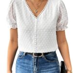 Shasmi Women's Elegant French Textured Fabric Solid Black Color Lace Panel V-Neck Jacquard Blouse,Short Puff Sleeve Tops Simple Daily Spring/Summer Casual Blouse Shirt (Top 178)