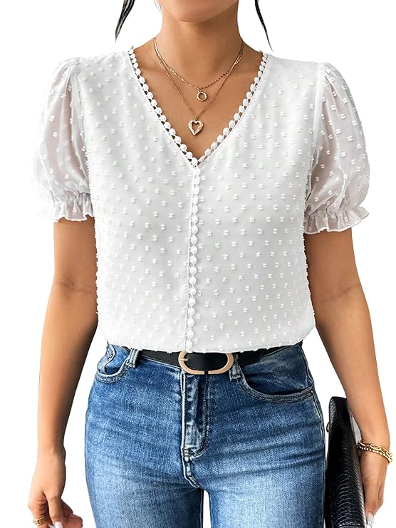 Shasmi Women's Elegant French Textured Fabric Solid Black Color Lace Panel V-Neck Jacquard Blouse,Short Puff Sleeve Tops Simple Daily Spring/Summer Casual Blouse Shirt (Top 178)