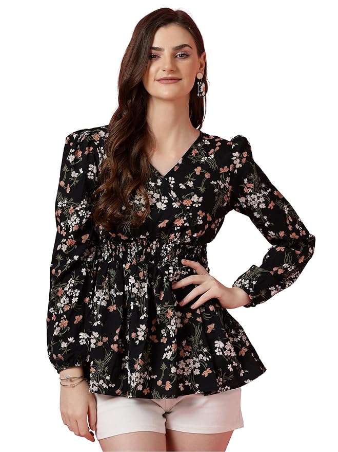 Sheetal Associates Women’s Casual Puff Sleeves Floral Print Peplum Top