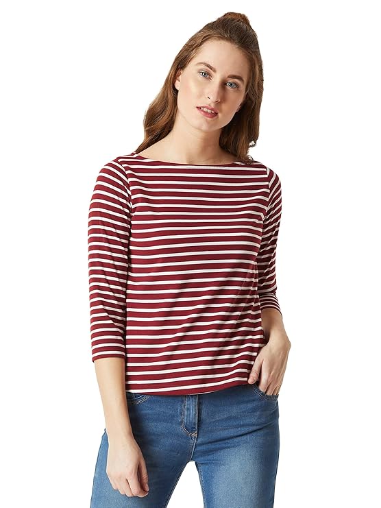Miss Chase Women's Maroon & White Boat Neck 3/4th Sleeves Regular Basic Cotton Striped Top