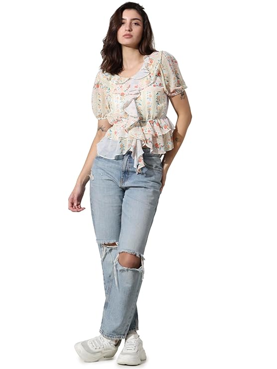 ONLY Women Printed Polyester White Peplum Top