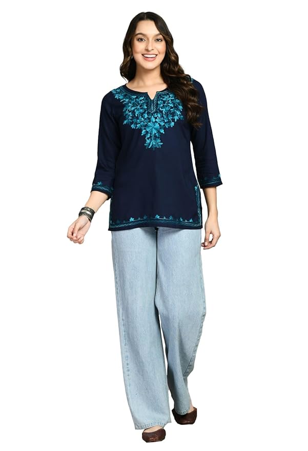 QAZMI Women's Rayon Cotton Kasmiri Kurti with Floral Embroidery