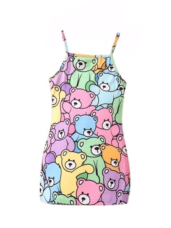 Girls Teddy Bear Print Bodycon Dress – Cute Sleeveless Stretchy Summer Dress for Kids & Teens