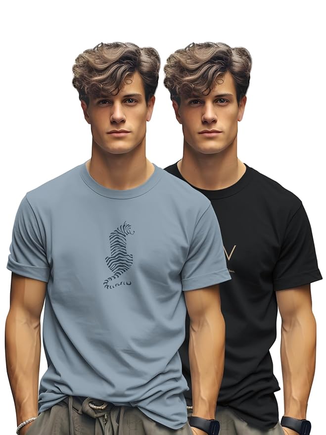 BULLMER Trendy Printed Cotton Blend Crew Neck/Round Neck Half Sleeve Tshirt for Men- Pack of 2