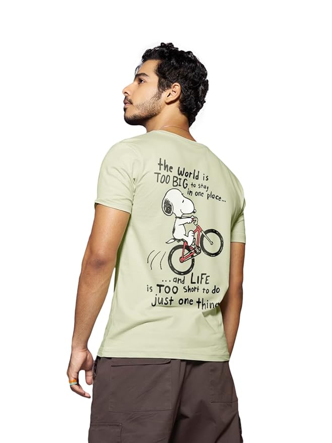Bewakoof Official Peanuts Merchandise Men's 100% Cotton Graphic Print Regular Fit Round Neck T-Shirt