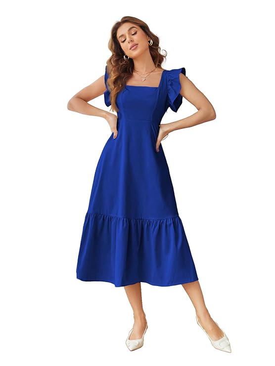 Shasmi Girl’s & Women’s Solid Color Square Neck, Ruffle-Trimmed Hem Sleeveless, Ruffle Armhole and Casual Dress with Cinched Waist Vacation Outfits Woman (Dress 162)