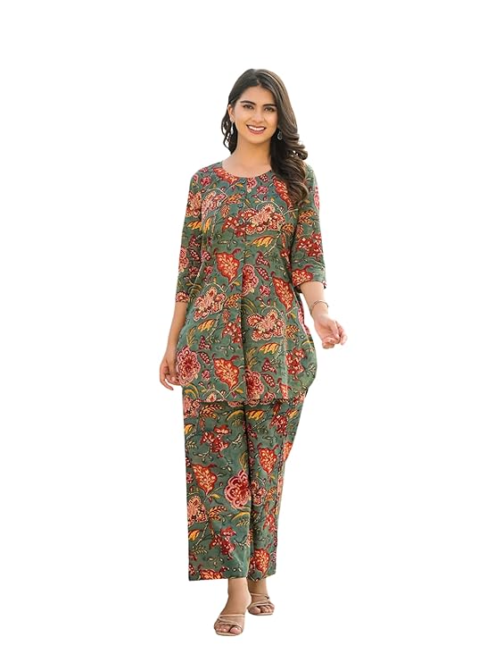 FABNEX Women's Cotton Blend Floral Printed Kurta Set with Palazzo | Ethnic Wear Kurti Pant Set (K-119-120)