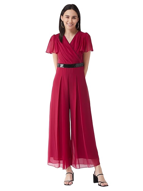 Miss Chase Women’s Solid Relaxed Fit Short Sleeve V-Neck Jumpsuit with Pockets
