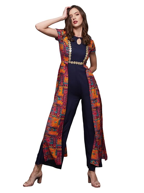 Miss Chase Women’s Keyhole Neck Regular Sleeve Bohemian Panelled Viscose Rayon Regular Length Jumpsuit with Pockets