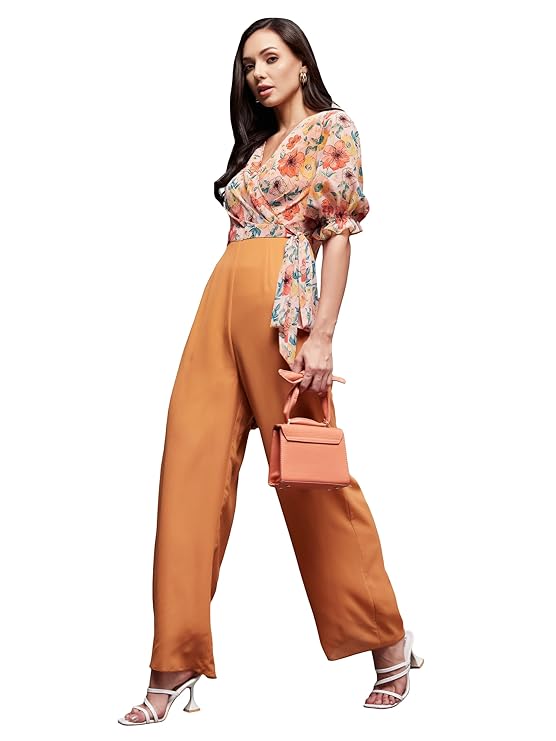 Miss Chase Women’s V-Neck Half Sleeve Tropical Wrap-Styled Jumpsuit