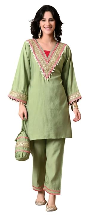HOUSE OF FUSION Women’s Elegant Cotton Blue Embroidered Co-Ord Set | Stylish Lace-Trimmed Kurta & Pant Set | Soft & Breathable Fabric |