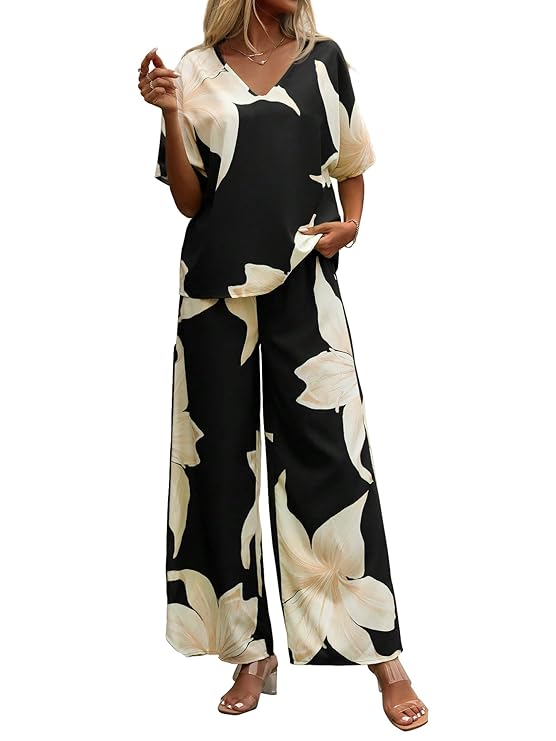 Shasmi Women’s Casual Elegant Black Floral Printed Batwing V-Neck Blouse, Sleeve Shirt, Wide Long Pants for Ladies 2pcs/Set, Spring Outfits For Women (Co-Ods 189)