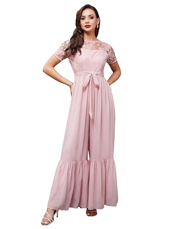Miss Chase Women’s Round Neck Short Sleeve Solid Lace Overlaid Regular Jumpsuit with Pockets