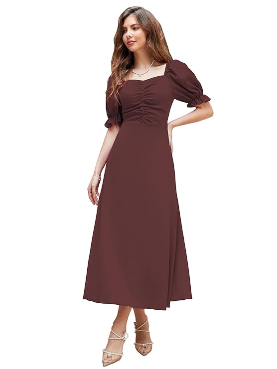 Shasmi Girl's & Women's Solid A-Line Ruched Puff Sleeve Maxi Long Evening One Piece Long Dress for Women Stylish (Dress 131)
