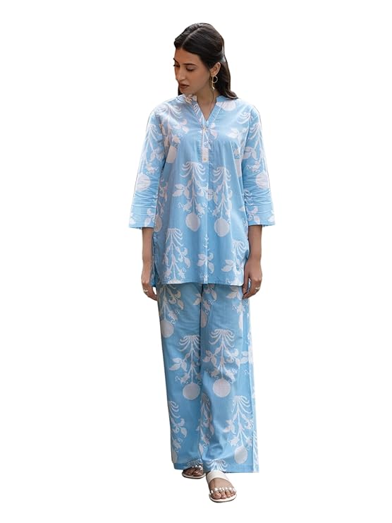 FIORRA Women’s Sky Blue Cotton Printed Co-ord Set