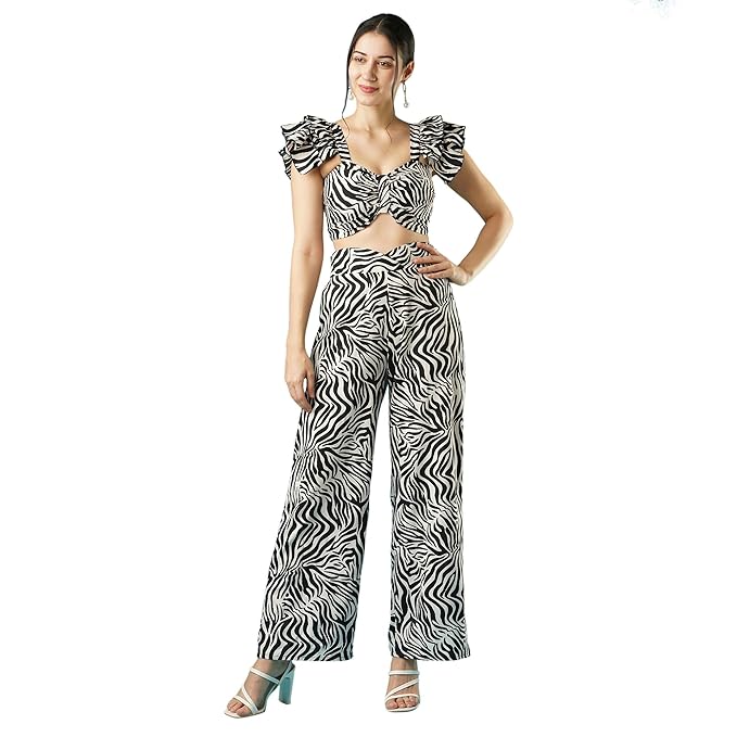 Globus Women Black & White Animal Printed Sweetheart Neck Crop Top & Wide Leg Trouser Co-Ord Set