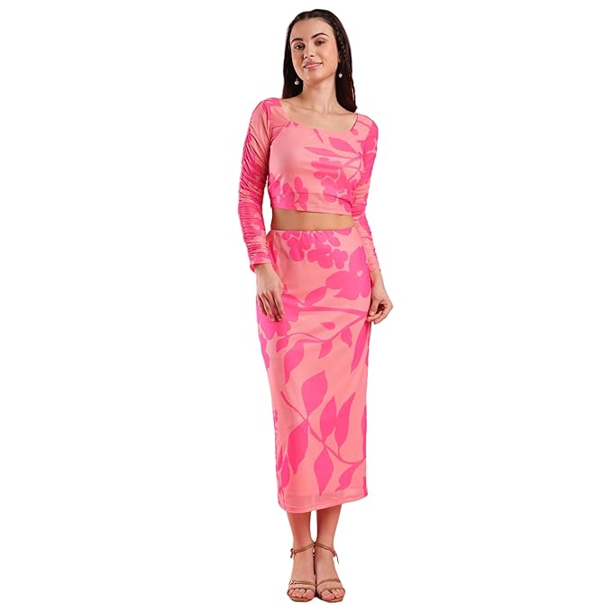 Globus Women Floral Print Sqaure Neck Crop Top & Calf Length Pencil Skirt Co-Ord Set