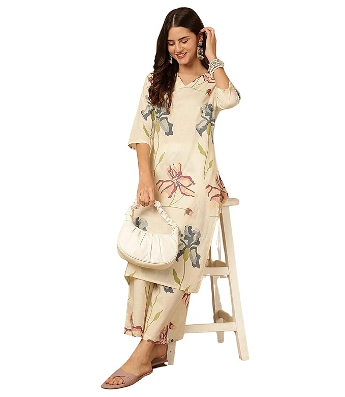 MANHAREE | Women’s Cotton Floral Straight Kurta with Palazzo Set |Ethnic Set | Cotton Cord Set