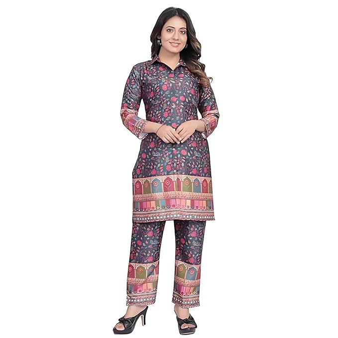 BRAVASILK Women’s Printed Rayon Fabrics Collered Neck 3/4 Sleeve Casual Wear Lightweight Relaxed Fit Co-Ords Set