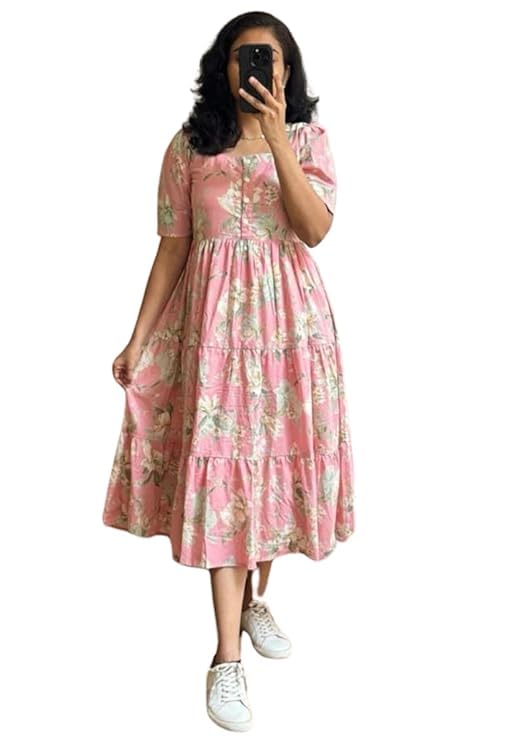 Avayayat Women’s/Girls Rayon Kurta for Women Floral Printed Anarkali Kurta || Floral Flared Western Dress Pink