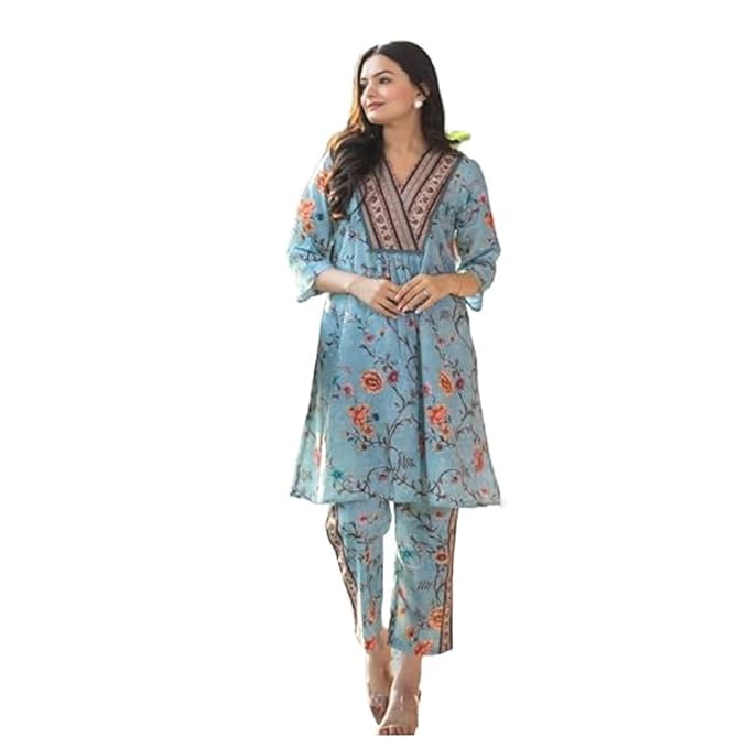 Modestouze Attires Floral Printed Stylish V Neck, Knee Length, 3/4 Length Cuffed Sleeves Rayon Co-ords Set for Women, Perfact for Every Occasions, Ready to Wear, Soft and Comfortable