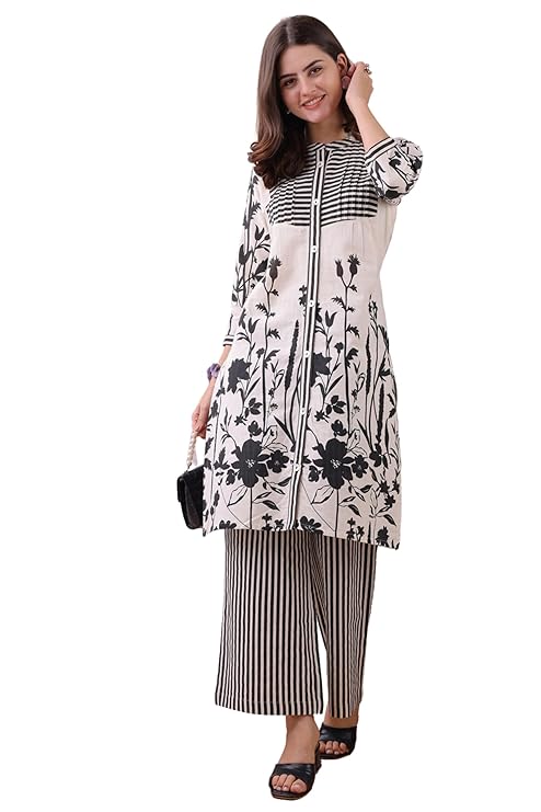 Saanjh Women’s Floral Printed Pure Flex Cotton Co-ord Set with Plazzo | Ethnic Wear | Soft Night Dress Suit for Women | 3/4 Sleeve Straight Kurta Top