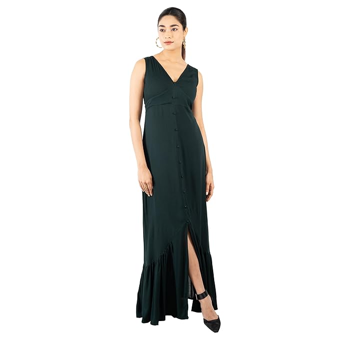 ZLAATA Mermaid Cut Dress for Women | Crinkle Rayon Fabric | V Neck Style | Sleeveless Maxi Dress | Button Detailed | Flared Cut Casual Dress for Women | Pack of 1