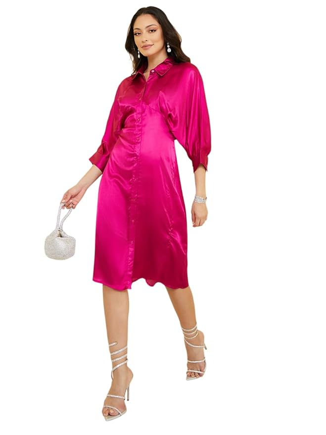Styli Solid Button Front Sheath Shirt Dress- Long Sleeves, Colla Neck,Elegant and Comfortable, Perfect Office and Summer Midi Dress for Women