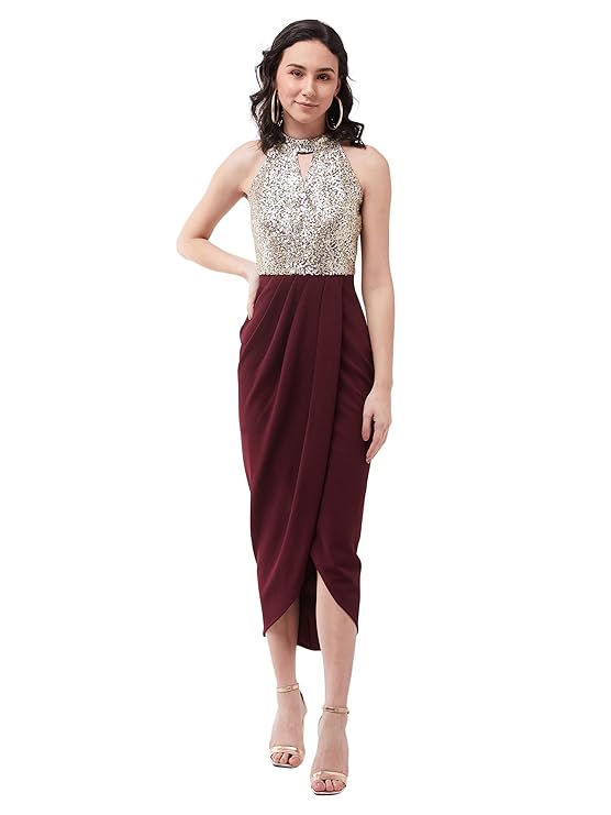 Miss Chase Women’s Wine Halter Neck Sleeveless Solid Embellished Midi Dress