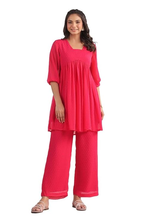 Janasya Women’s Pink Dobby Georgette Self Design Gathered Co-ord Set