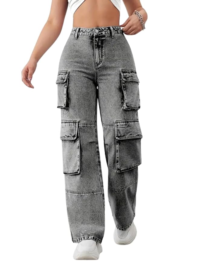 Glossia Fashion Women Cargo Jeans | High Rise Stretchable Baggy Wide LegDenim| Boyfriend Jeans for Women(WJ-1219)