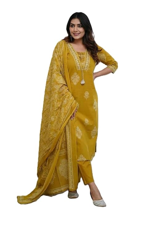 PARTHVI|Women’s Pure Cotton Printed with Handwork Kurta with Pants and Dupatta Set | Ethnic Set | Suit Set | Kurta Set | Wedding Suit Set