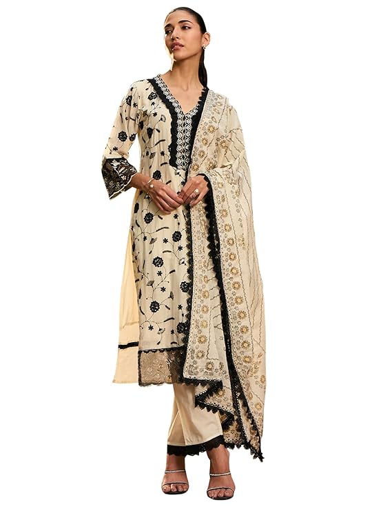 INDO ERA Women's Embroidered Pure Cotton Calf Length Straight Kurta Pant With Dupatta