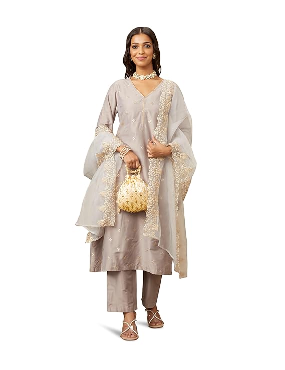 Amazon Brand – Myx Women’s Kurta Pant Set with Embroidered Organza Dupatta | Viscose,Rayon | A-line fit