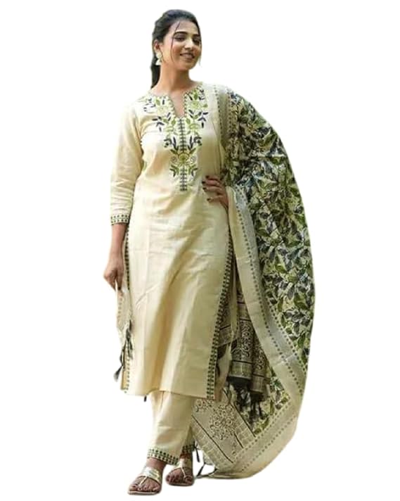 Kurthnic Women South Cotton Embroidered Kurta with Pant & Dupatta Green