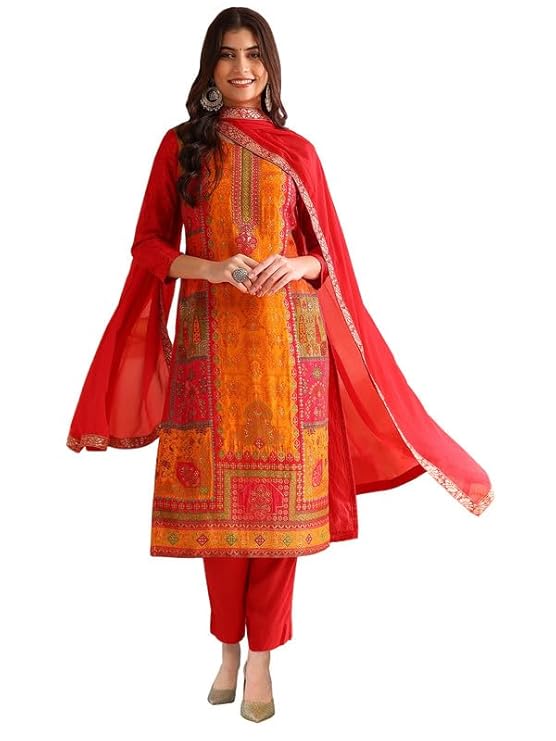 Vaamsi Women’s Pure Viscose Position Print Straight Woven Kurta Pant With Dupatta With Cotton Inner