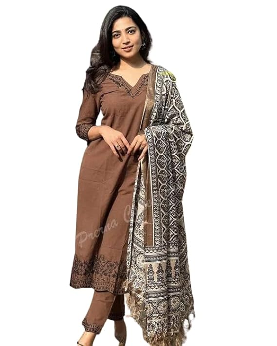 SOVELY Women’s Pure Cotton Kurti Pant Dupatta Set | Brown Ethnic Wear Kurti Set for Women | Cotton Kurti with Pant and Dupatta | Casual 3-Piece Outfit