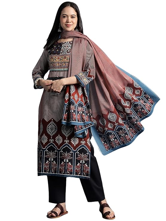 RAJMANDIRFABRICS Women’s Cotton Floral Hand Block Printed Straight Kurta Set with Palazzo Pant & Dupatta