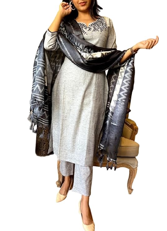 The Hope Cotton Kurti Dupatta Set with Embroidery and Patchwork for Women, Grey