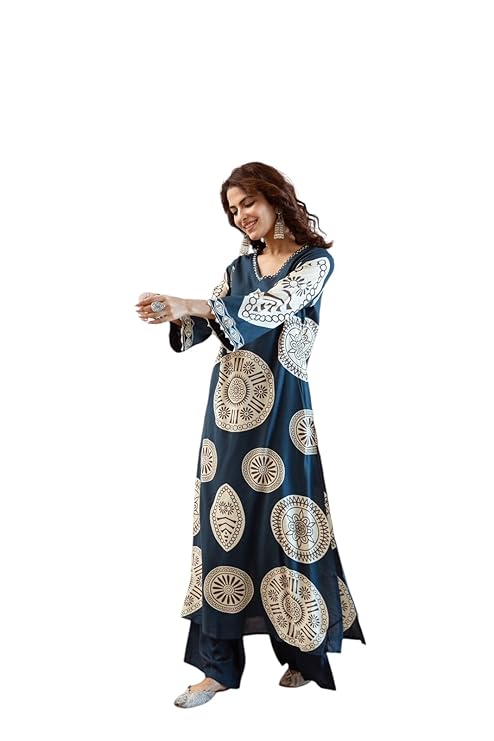 CHARMING TREASURE BY PRAGYA Women’s Printed Rayon Blue Kurta Set with Palazzo Pants|Stitched Kurti with Palazzo Set for Women