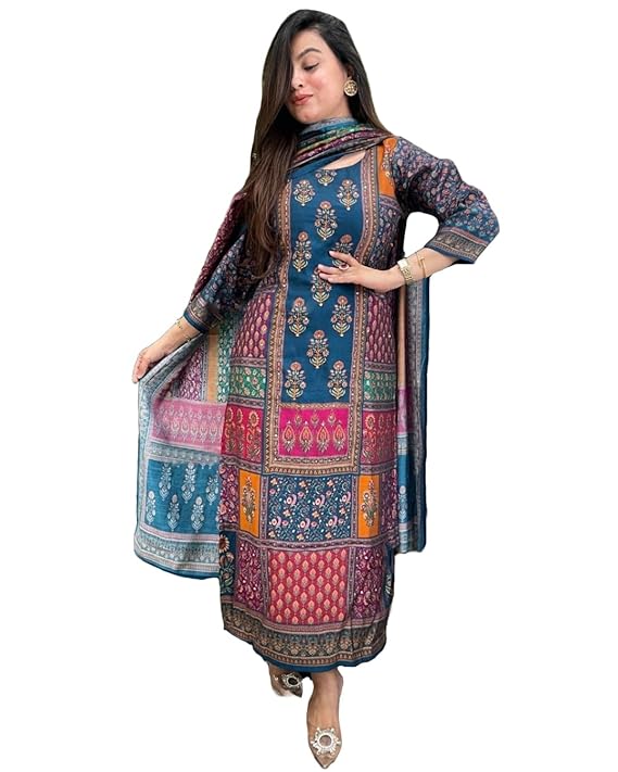 GoSriKi Women's Silk Blend Straight Printed Kurta with Pant & Dupatta