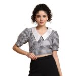BLANC9 Women’s Black & White Checkered Crop Top – Cotton Fabric with Contrast Above-The-Keyboard Collar – Stylish Casual Wear for Girls & Women