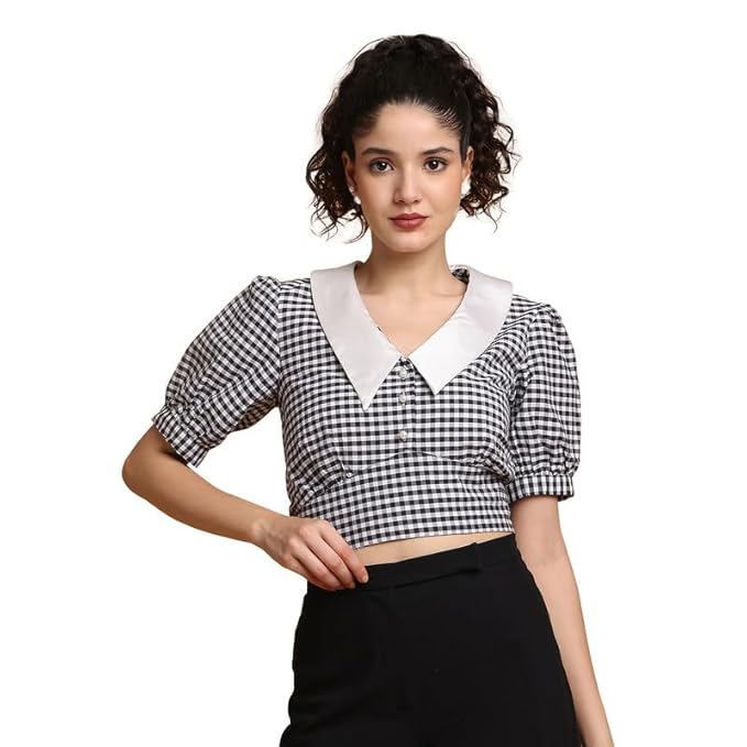 BLANC9 Women’s Black & White Checkered Crop Top – Cotton Fabric with Contrast Above-The-Keyboard Collar – Stylish Casual Wear for Girls & Women