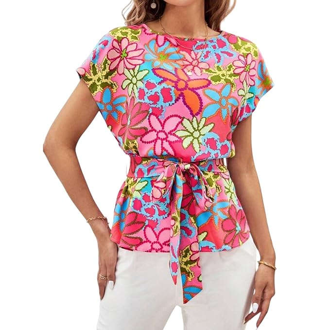 Gufrina Women Western Top with Floral Printed Design in Multicolor Fabric, Relaxed Fit, Short Sleeves, and Waist Tie-Up