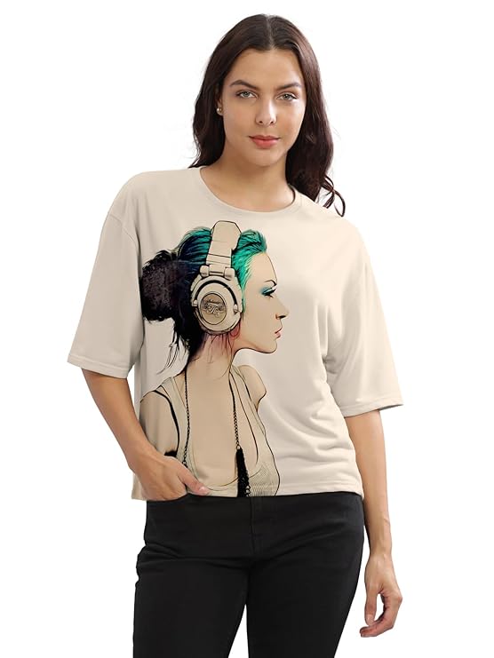 HELLCAT Beige Printed Loose Fit Crew-Neck Crop T-Shirt for Women