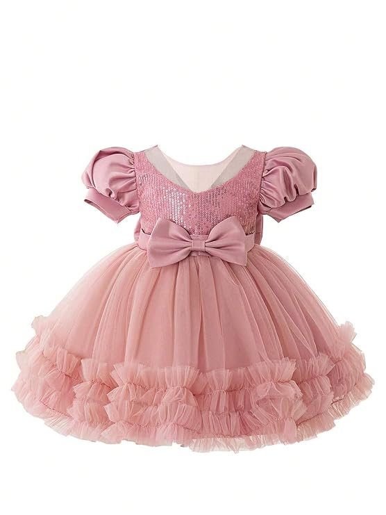 Niren Enterprise Rollar Frock net Embroidery Work Ruffle Patterned Flared Short Sleeve Girl Frock, Pack of 1